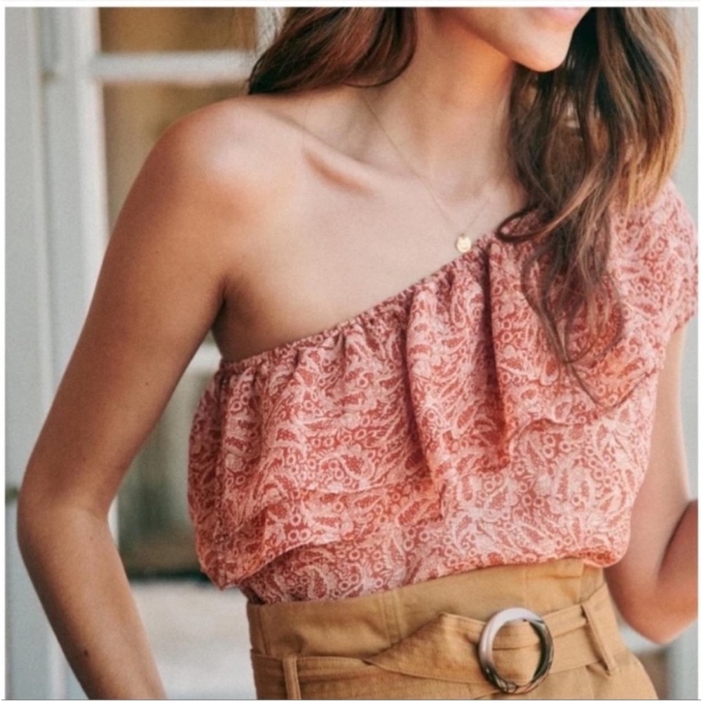 Sezane Adeline One Shoulder Ruffle Blouse Top Cream and Burgundy Paisley FR 36